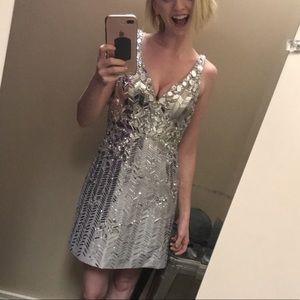 Tony Bowls Silver Beaded Prom Evening Dress